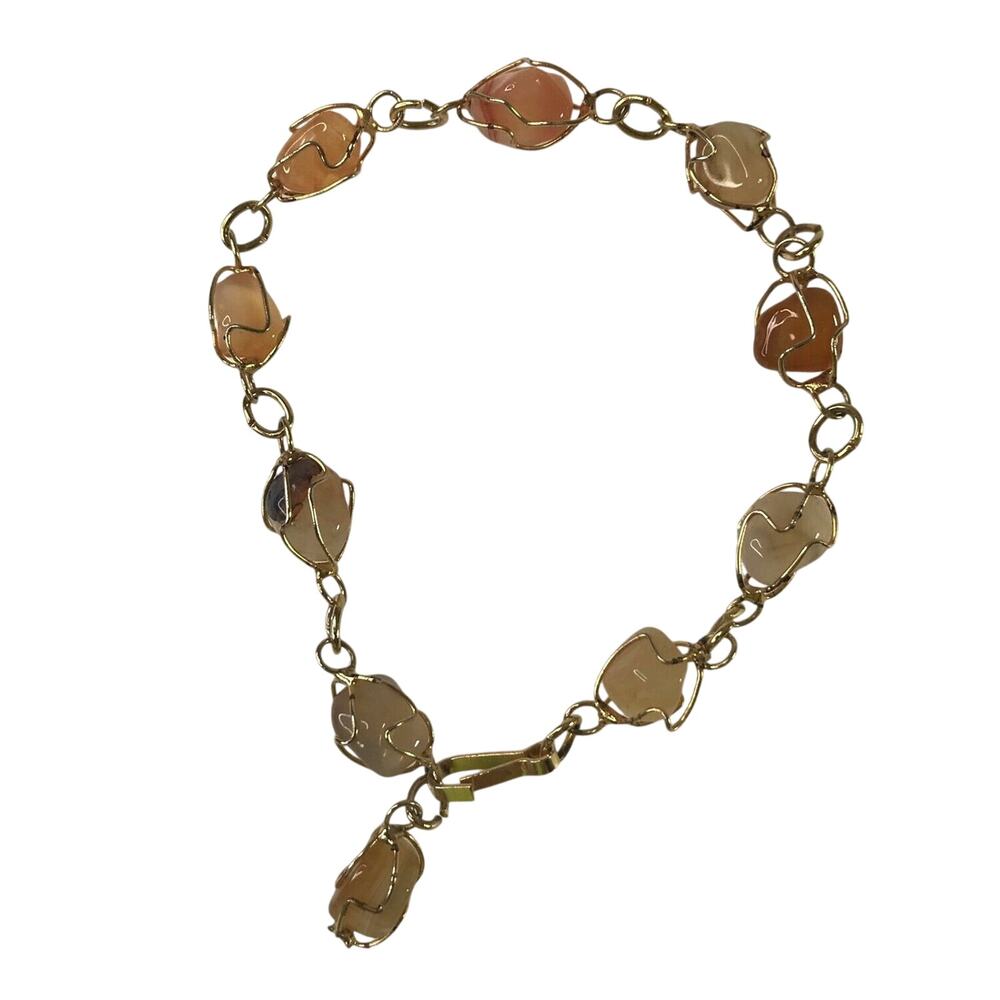 Gold Tone Link Bracelet Amber Stone Vintage